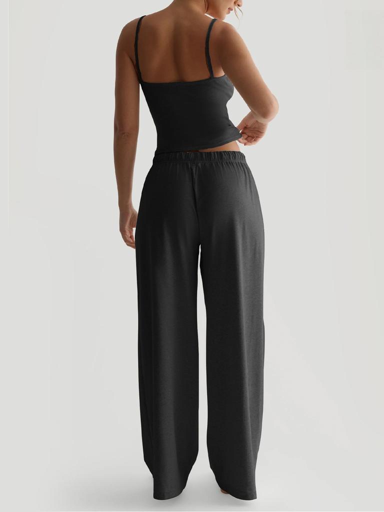 Summer Camisole Crop Top Long Pants Casual Wide Leg Pants Lazy Style Set For Women