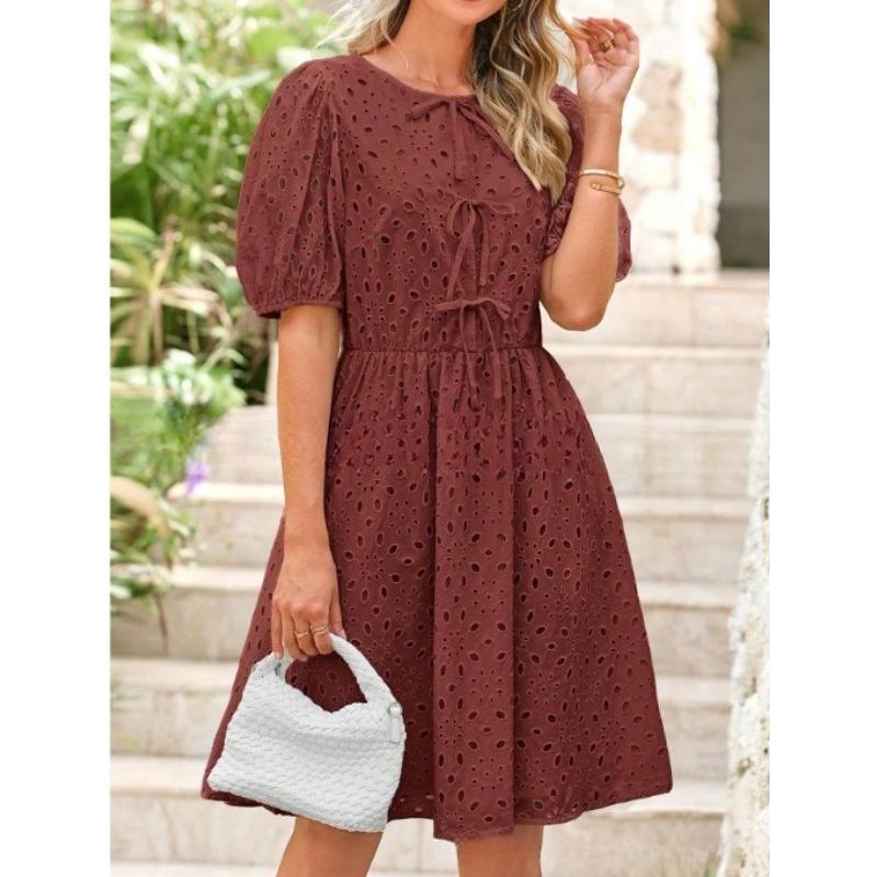 VEZFAA Damesmode Zomer Lente Effen Kleur Print Korte Mouw O-hals Hoge Taille Casual Jurken