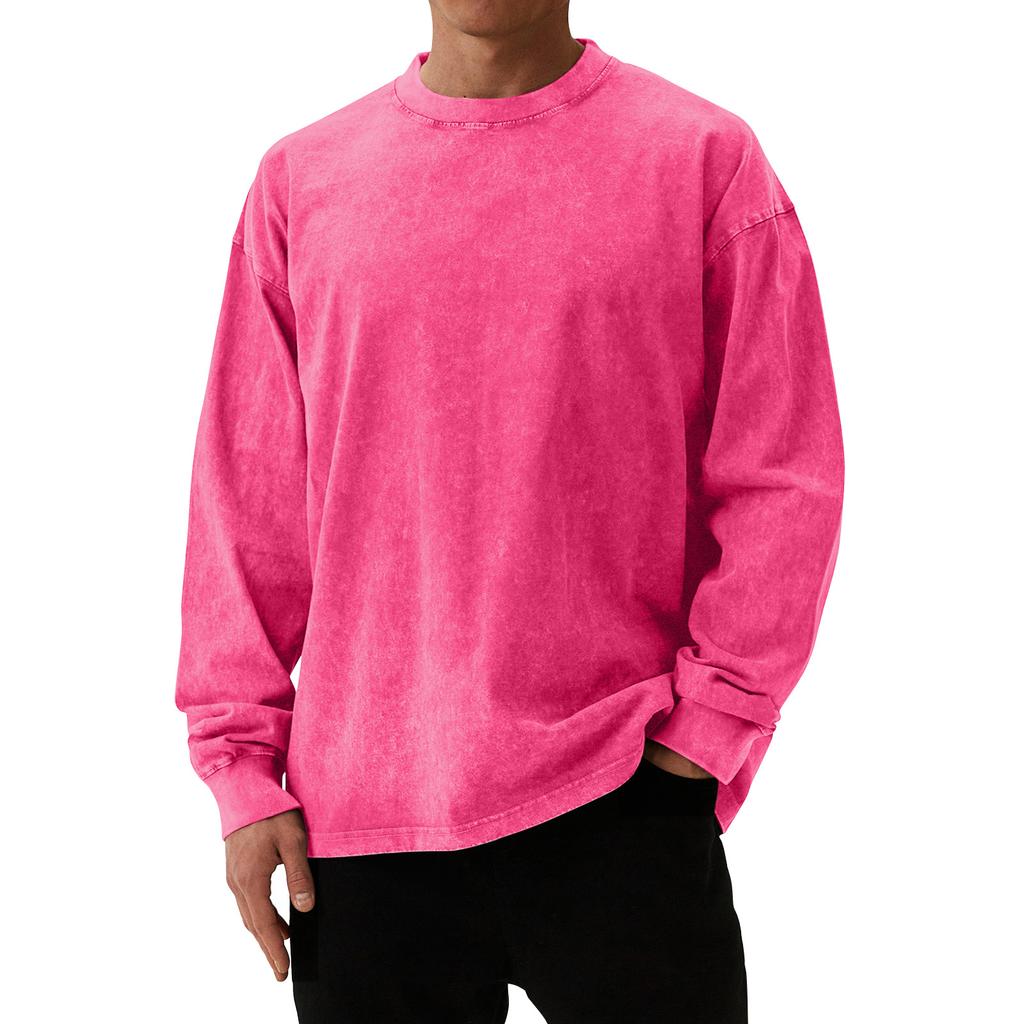 Men's Solid Color Washed Long Sleeve Round Neck Tops Men's Casual Fashion Tops