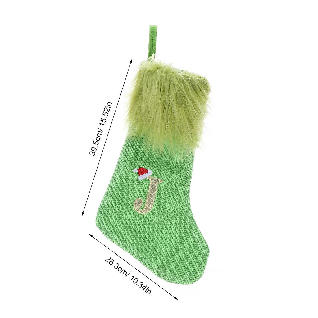 Large Green Knitted Christmas Stocking Letter M Embroidered Xmas Hanging Loop Holiday Party Decor Candy Treat Bag