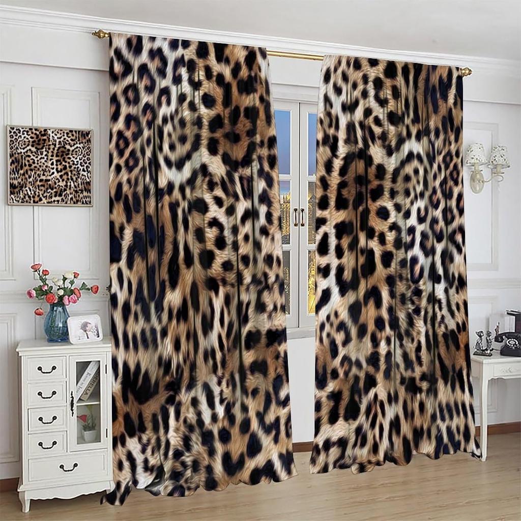 Leopard Print Curtains Brown Cheetah Wildlife Art Printed Window Drapes Bedroom Kitchen Decor Fabric Set Panel Curtain Blackout For Made Of Polyester
