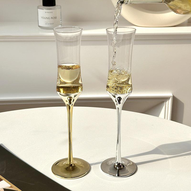 French Waist-Cinching Crystal Champagne Glass - Elegant Electroplated, High-Stem Bubble Cup for Desserts & Red Wine, Perfect for Gifting