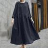 Plus Size Women Long Sleeve Cotton Linen Solid Color Round Neck Pocket Long Dress Irregular Patchwork Hem Dress