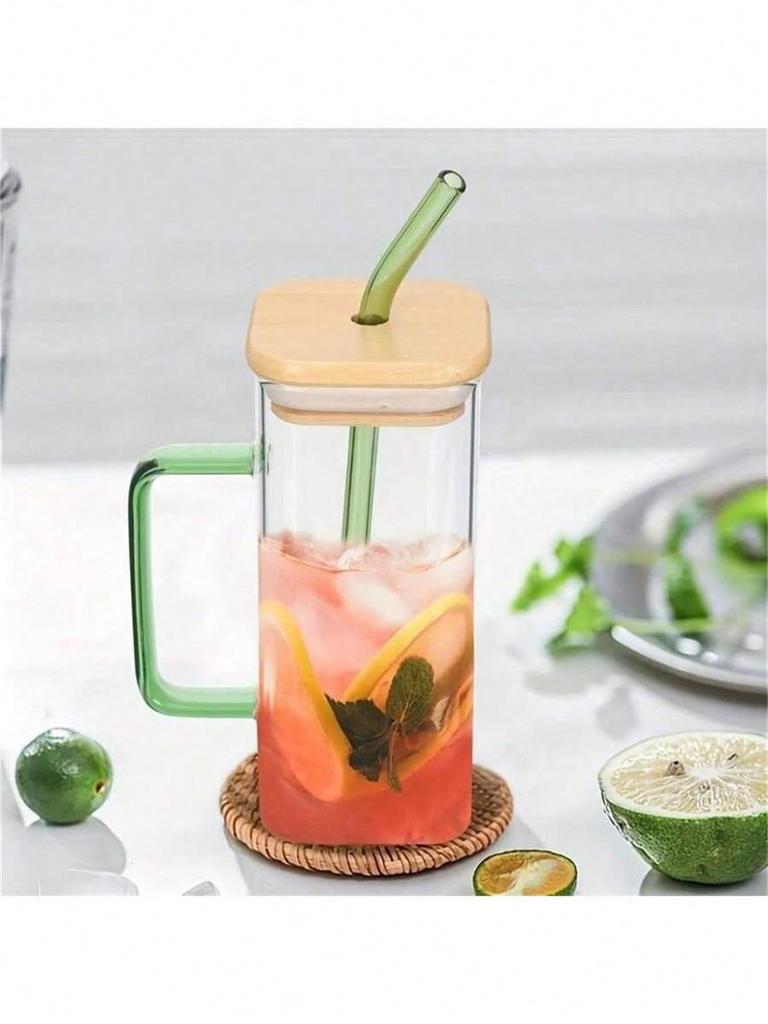1 pc Bamboo covered straw square glass cup, transparent water cup with handle, iced coffee cup, juice
