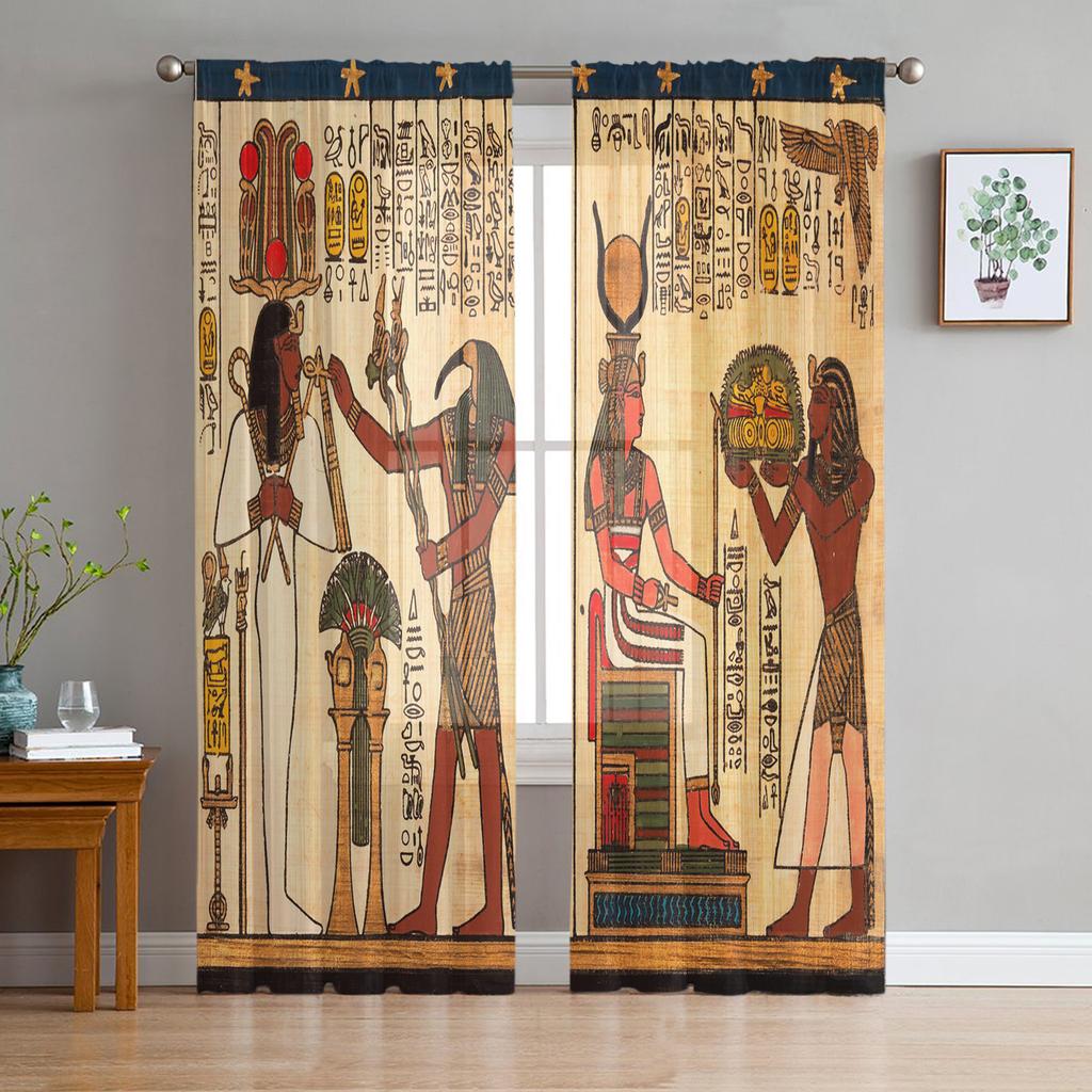 Antique Egyptian Mural Prints Transparent Drapes for Living Room Decoration Window Panel Drapes Cooking Area Soft Tulle Light Voile Silk-like Fabric