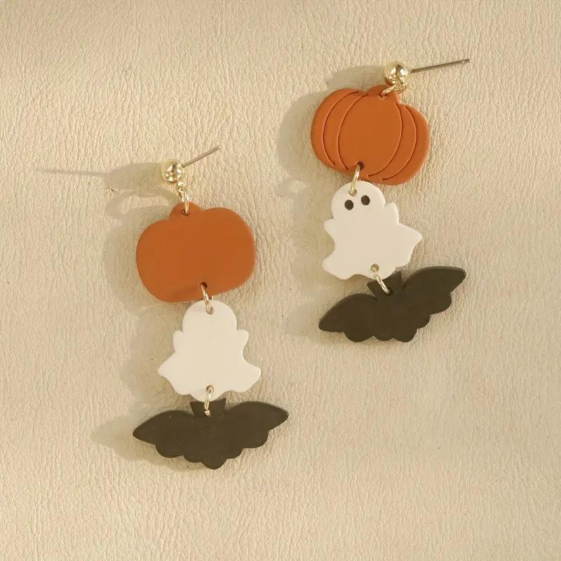 Halloween Ghost Bat Pumpkin Design Long Dangle Earrings for Women Cute Acrylic Trendy Party Jewelry Gifts