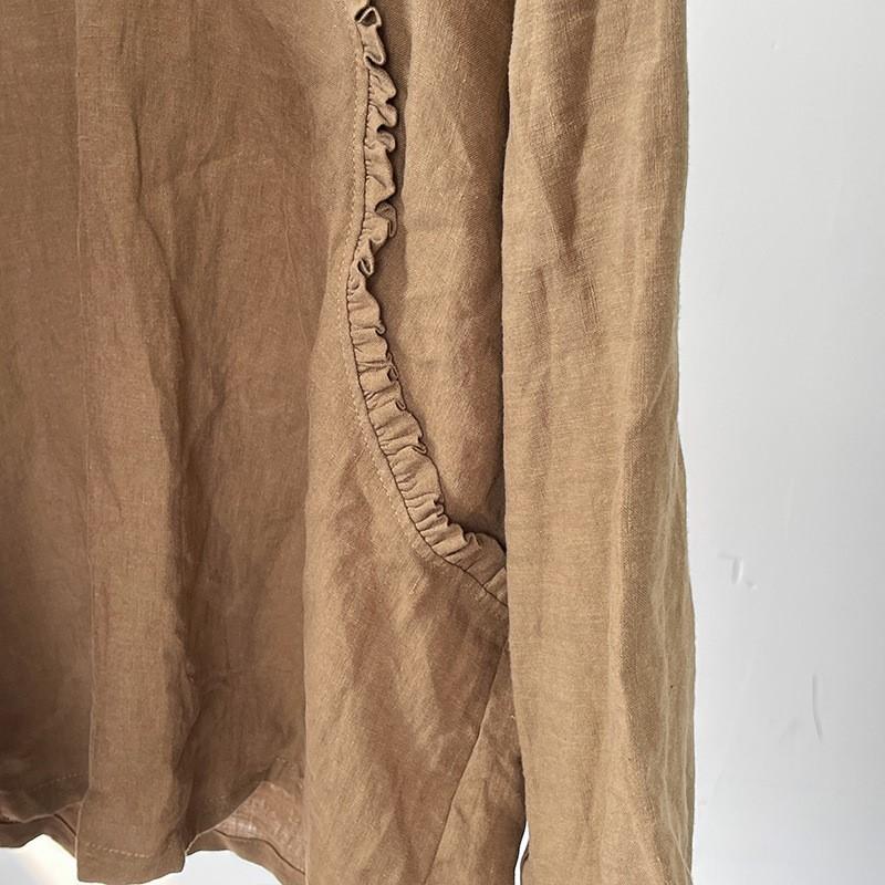 Johnature Vintage Damen Einfarbiges T-Shirt V-Ausschnitt Langarm Herbst Chinesischer Stil Locker Weibliches T-Shirt