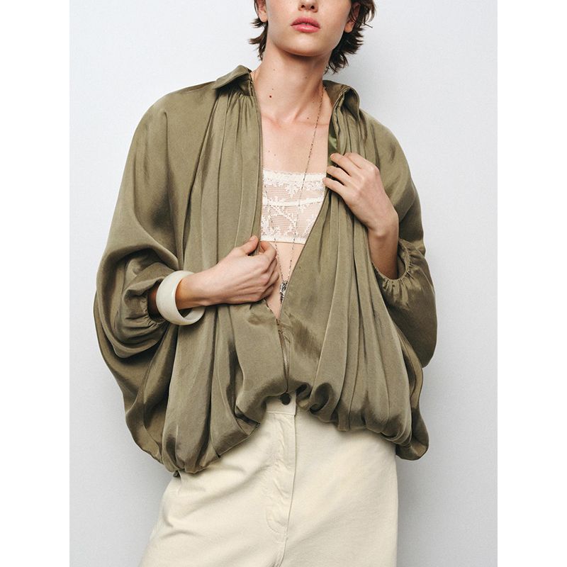 Spring New Women's Clothing Lapel Long Sleeves Ruched Hem Puffy Pilot Jacket Outwear 2814404