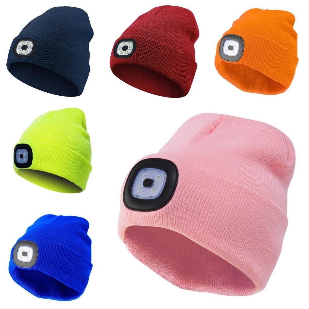 Black Led Knitted Beanie For Outdoor Night Running With Rechargeable Light Feature