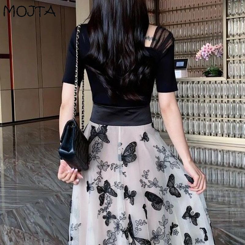 Sommar Kvinnor Hög midja Mellanlängd Elegant Net Gaze Kjol Flerlager Spets Kontrastfärger A-linje kjol Dam