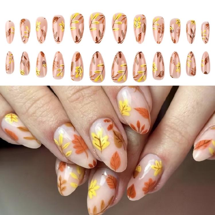 24Pcs Maple Leaf Desings Halloween Stick on Nail Thanksgiving Gift Almond False Nails for a Festive Autumn Nail Makeover