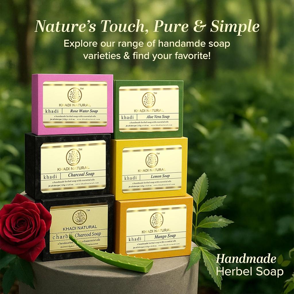 KHADI NATURAL Ayurvedic Rosewater Handmade Soap 5x125 G Pack Hydrating Soft Skin Cleanser