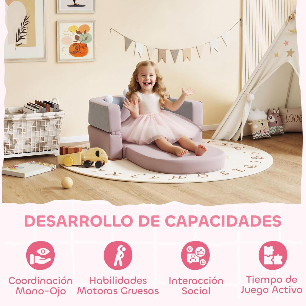 Children's Sofa Convertible into Bed and Play Area with Crown Cushion 116x61x14 cm Pink and Greyish Blue