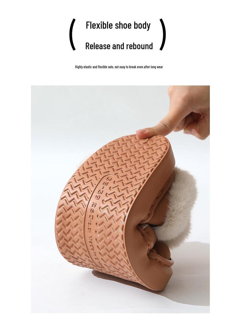 Wasserdichte Leder-Schleifen-Hausschuhe für Damen - Niedlich, flauschig, Baumwoll-Hausschuhe mit dicker Sohle
