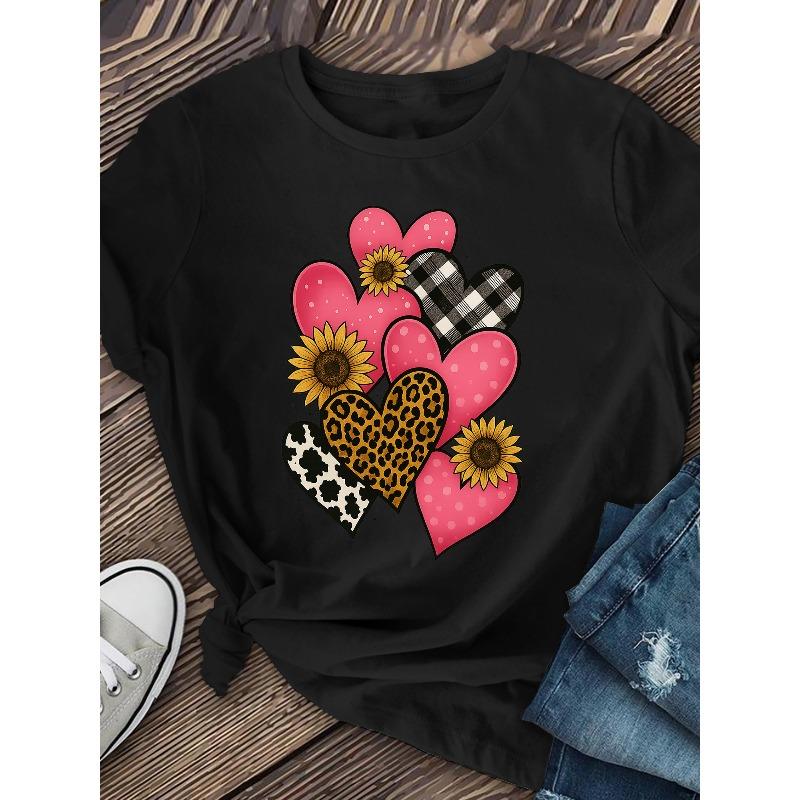 

European Size Women s Casual Short-Sleeve Round Neck T-Shirts Suitable for Spring Summer - Casual & Office Wear Tops with Heart Print 4XL