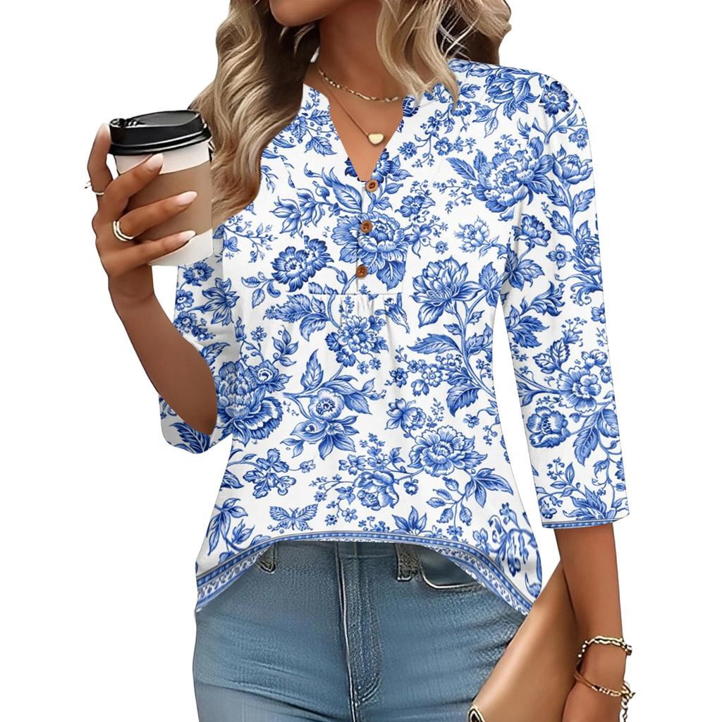 Women’s Fashion Loose Fit Three Quarter Sleeve Top with Print V Neck Button Comfortable Blouse for Daily Wear
