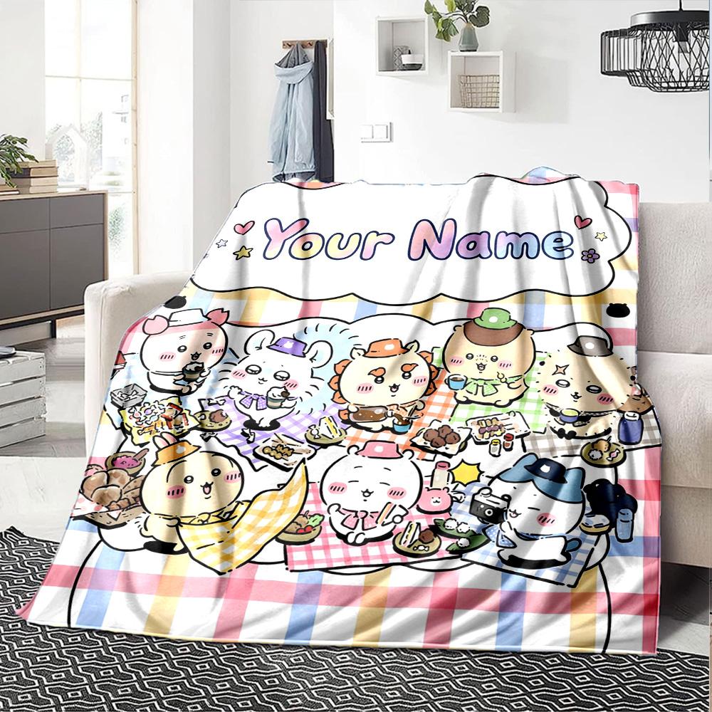 1pc Chiikawa Blanket with Custom Name, Gift, for Men and Women, Soft Blanket, Good for Sofa Bed Couch Travel, Lightweight Flannel Blanket