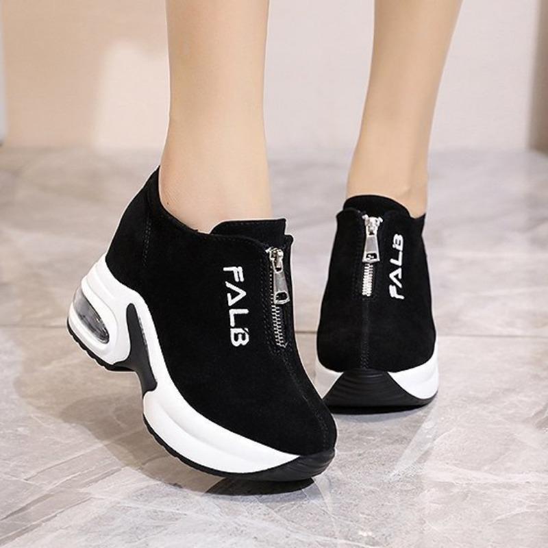Chunky Sneakers Women's Autumn Casual Height Increased Wedges Shoes Suede Platform Vulcanize Shoe Zipper Loafers Chaussure Femme