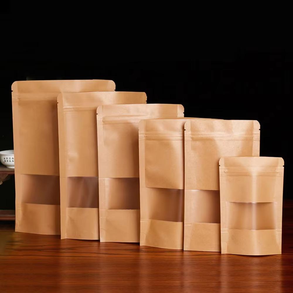 50pcs Moisture-proof Kraft Paper Self Sealing Bags with Window Food Repacking Pocket  Nuts