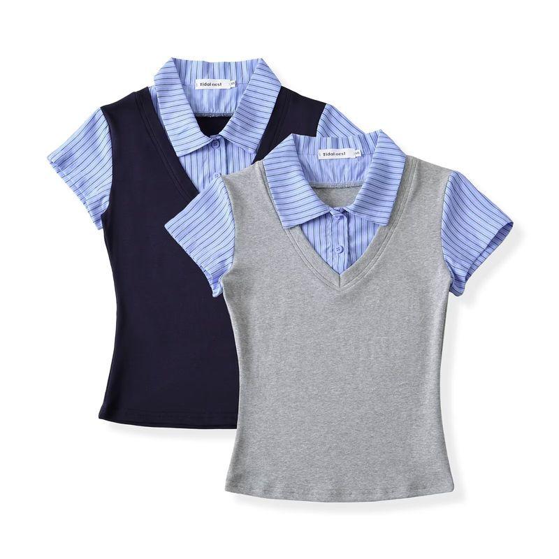 Zbzr Spring New Women Clothes Western Style American Vintage Fake Two Pieces Shirts Patchwork Short Sleeve Leisure Top