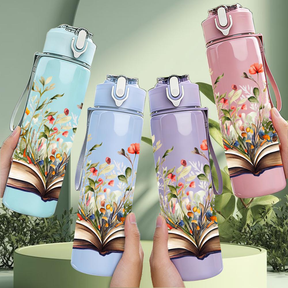 1PC Open Book Wildflower Bouquet 750ml Color Plastic Sports Water Bottle Leakproof Flip Straw Lid Suitable for Sports Office Home Use