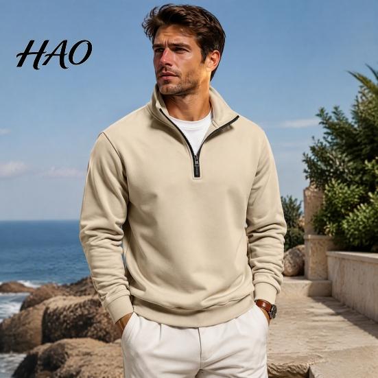 Outdoor Fitness Clothing Mens Quarter Zip Sweatshirt, Stand Collar Athletic Fleece Pullover, Ribbed Hem Cuffs, Casual Streetwear Hoodie Long