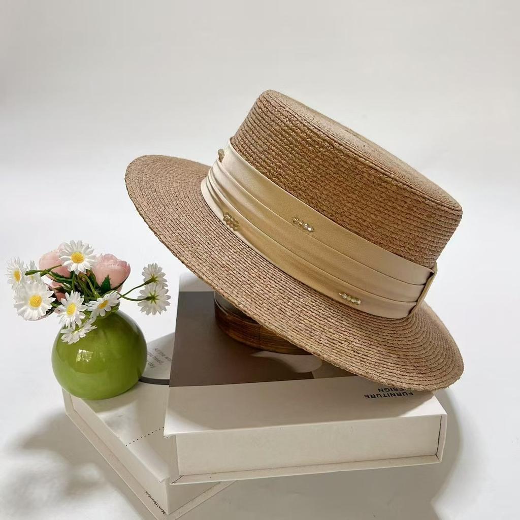 Dale Lafite Hat Women'S Sunscreen Flat Top Straw Hat French Pearl Sun Hat Uv Protection Sun Hat