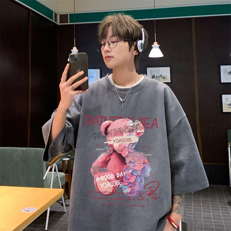 

Men s Trendy Heavyweight Teddy Bear Print Suede Short Sleeve T-Shirt XL