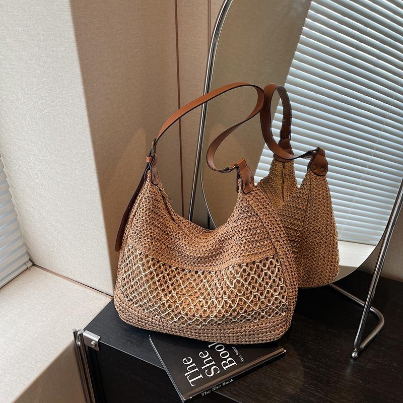 Crochet Mesh Shoulder Bag Women Summer Beach Tote With Leather Strap Natural Style Design