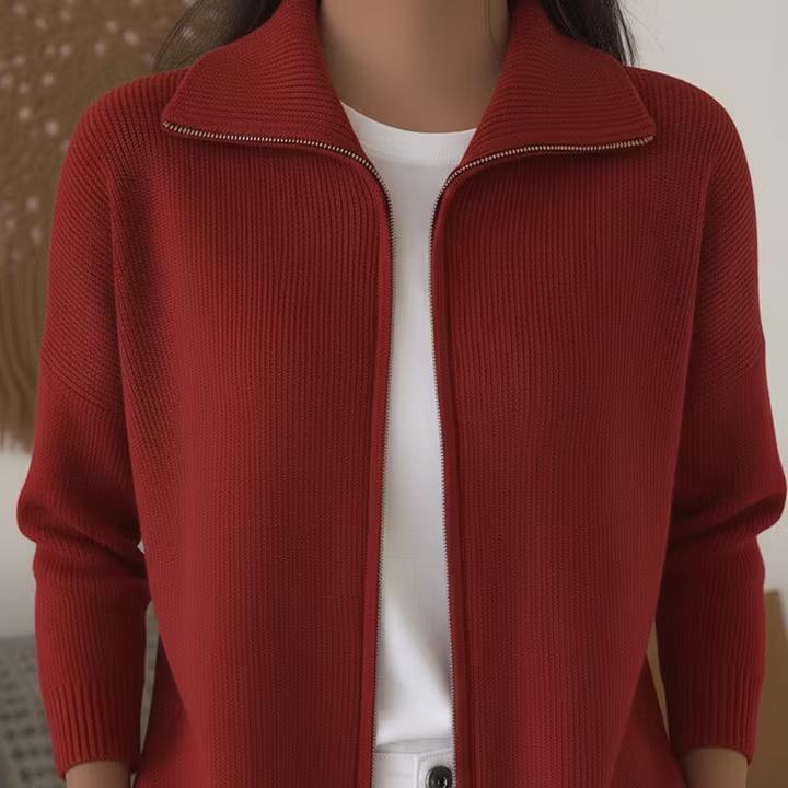 2026 Autumn/Winter Women's Lapel Zipper Cardigan Sweater - Solid Color