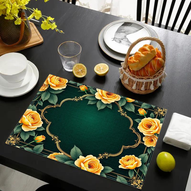 4pcs/6pcs Autumn Elements Thanksgiving Halloween Decorative Linen Placemats, Featuring a 2D Flat Pattern Print with Yellow Roses on a Green