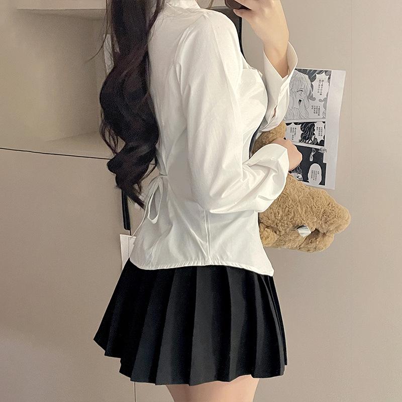 Women's Slim-Fit White Lace-Up Waist-Cinching Long Sleeve Academy Style Shirt