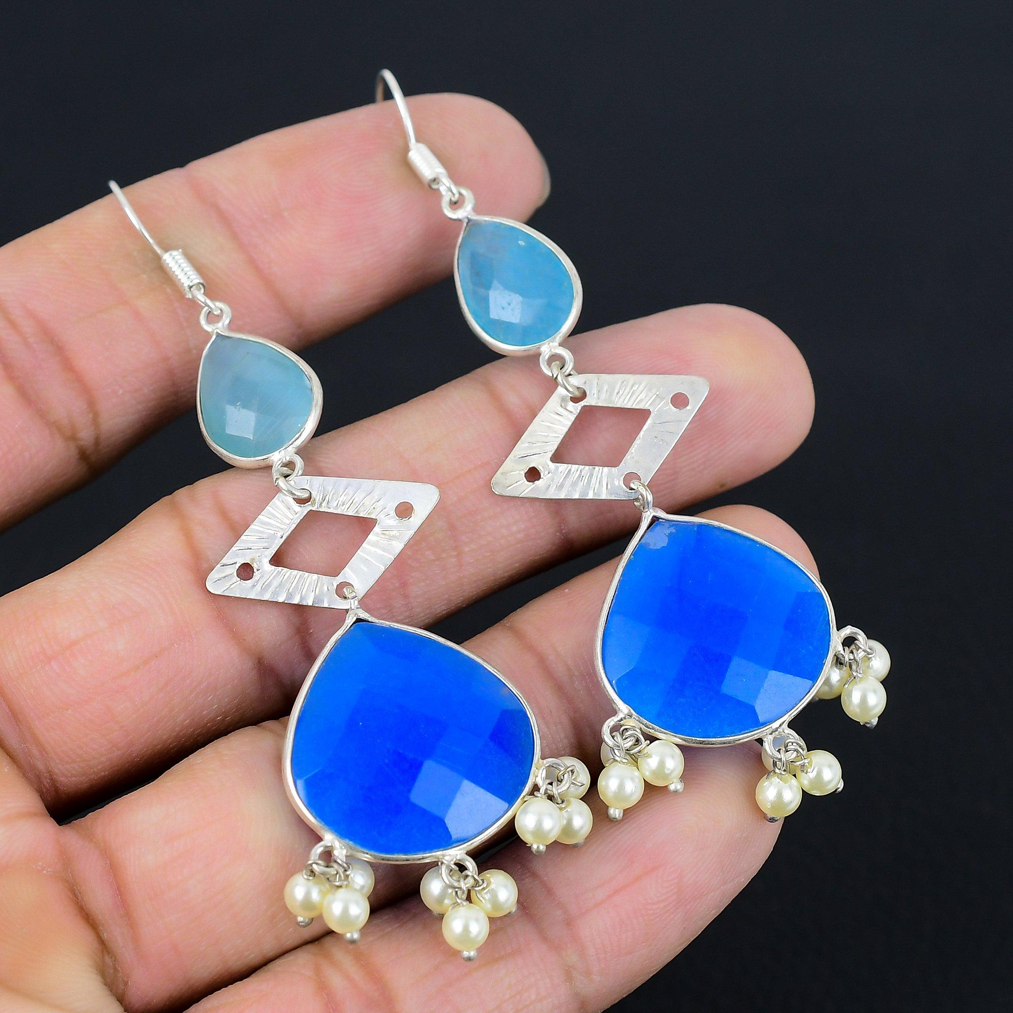 

Blue Sapphire Stone Elegant Birthday Sister Dangling Earrings Jewelry 925 Silver