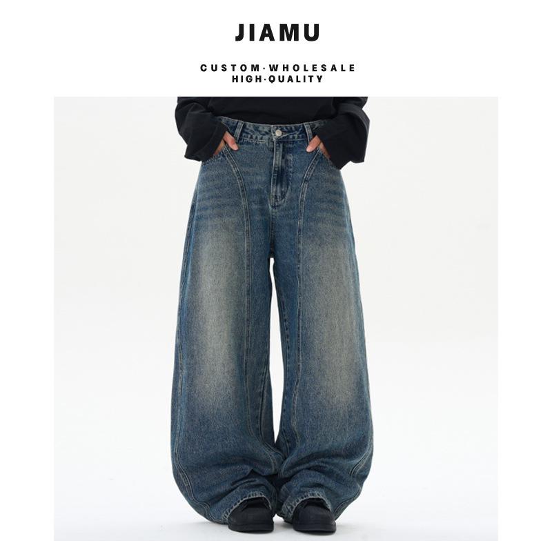 

JIAMU Unisex Retro Patchwork Whiskered Baggy Jeans S
