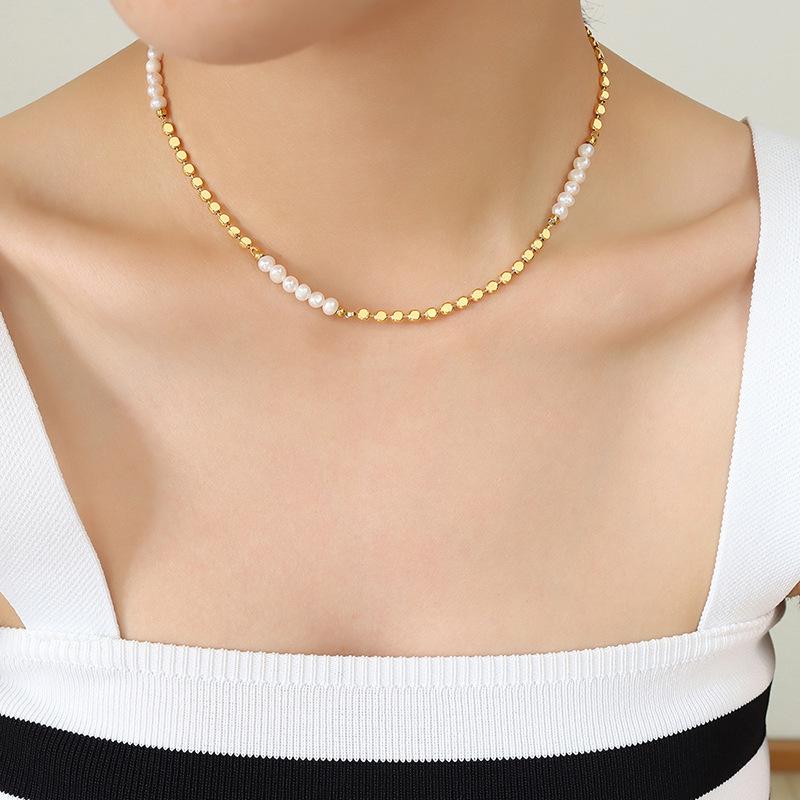 French INS Style Copper Freshwater Pearl Necklace: Elegant Temperament, Non-fading, Lentil Splicing, Women's Jewelry Accessory