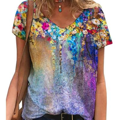 Summer V-neck 3D Flower Printed Top Fashionable Casual Short Sleeved Women's T-shirts