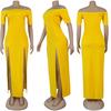 Fashion Women Sexy Slim Color Short Sleeves Off Shoulder Slit Long Dress