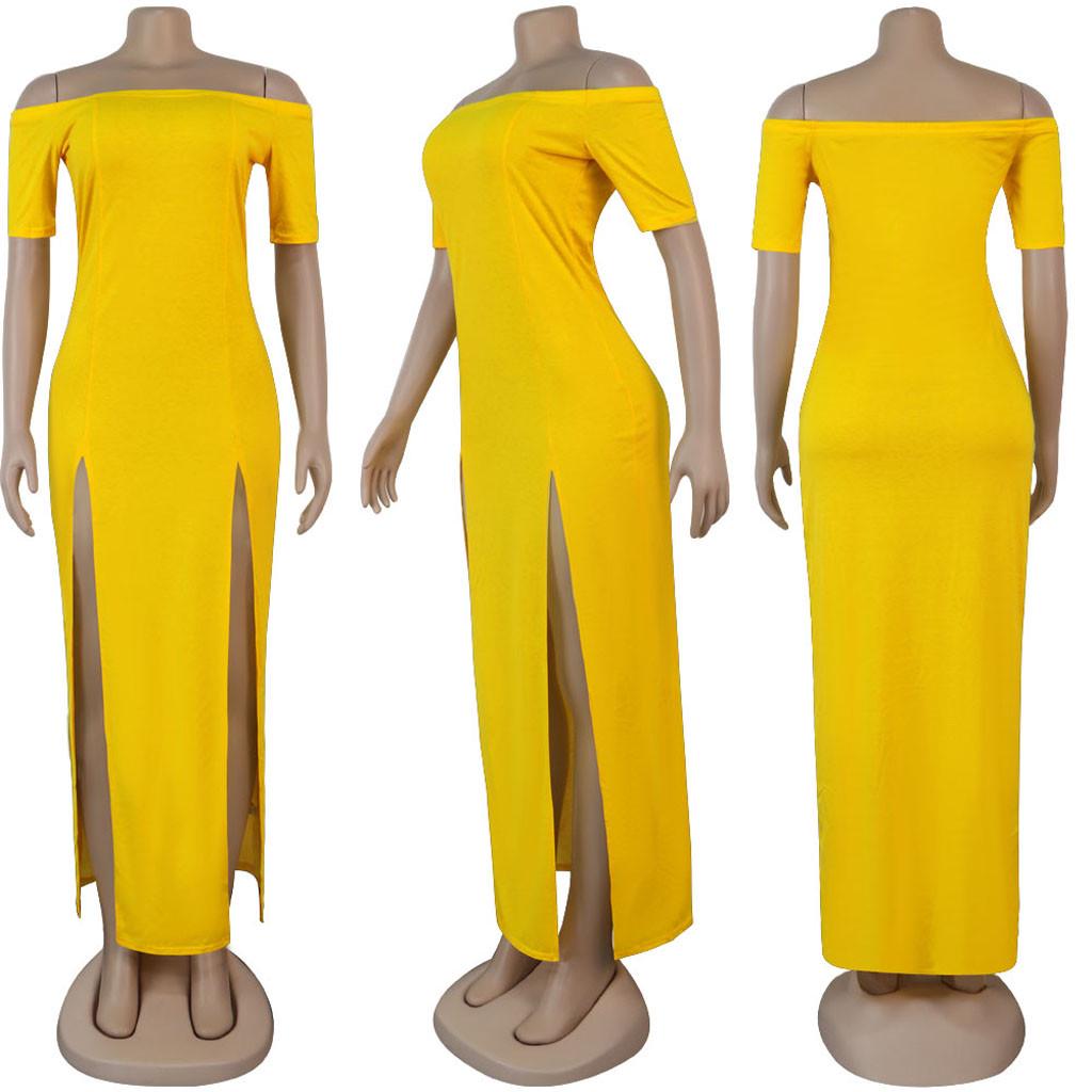 Fashion Women Sexy Slim Color Short Sleeves Off Shoulder Slit Long Dress