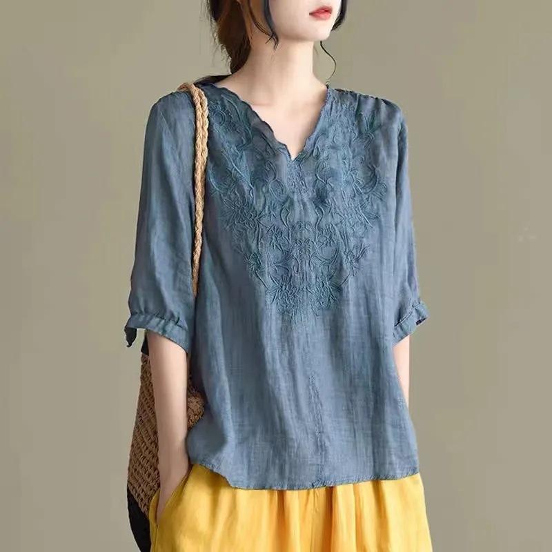 Spring and Summer Large Size Loose Temperament Casual and Artistic Retro Cotton Linen V-neck Mid-sleeved Embroidered Top