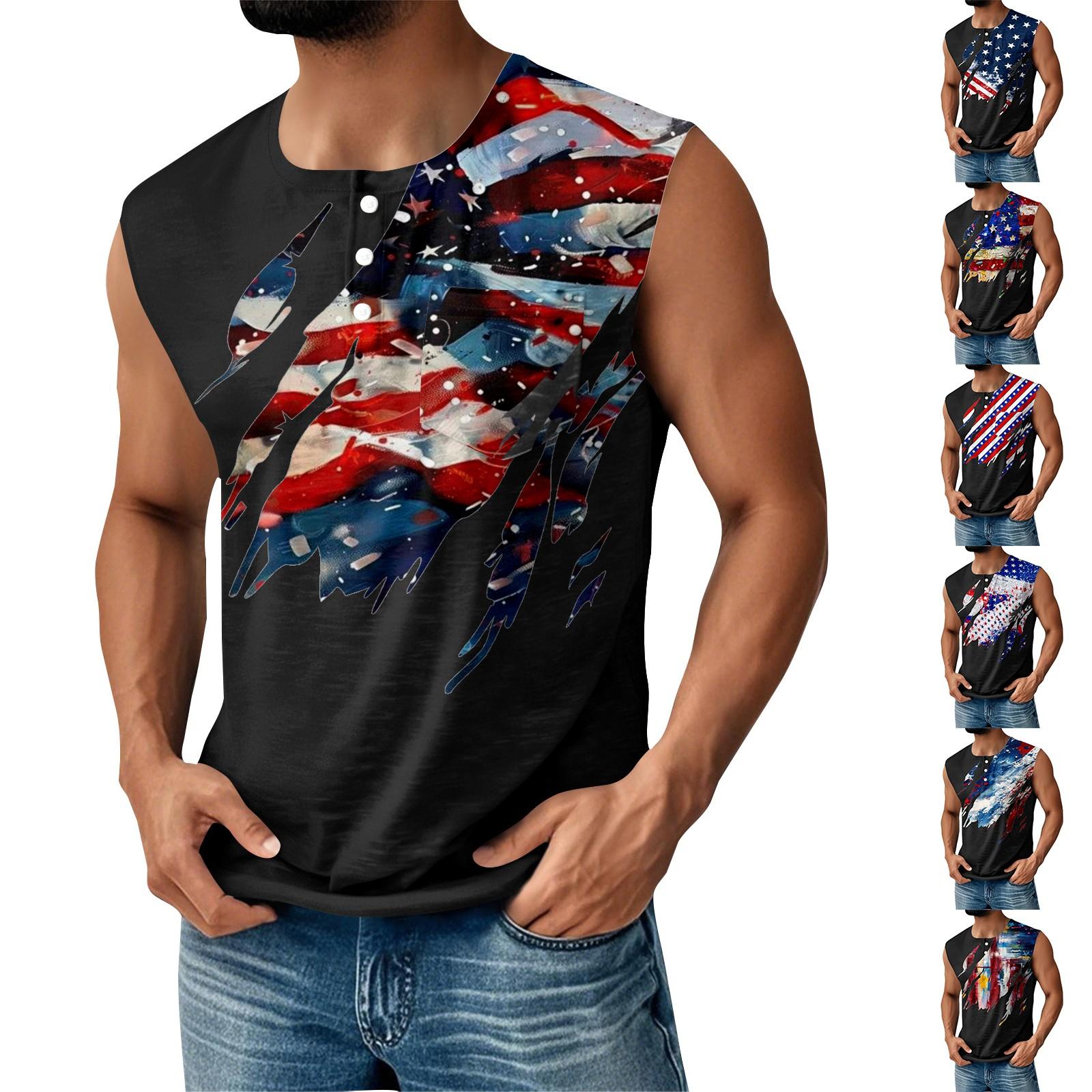 

Men s Summer Independence Day Printed Sports Button Pocket Sleeveless Tank Top L