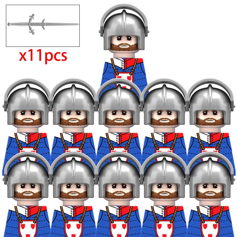 11 Silver Gray Knight Figures w Yel Edge Helm Swords Red Cross Shields White Cloaks No Baseplate