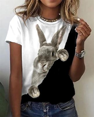 Djur T-shirt För Kvinnor Sött Kanintryck Kortärmad Blommor Påsk T-shirt Casual Semester Multifärgad Rund Hals Normal Topp