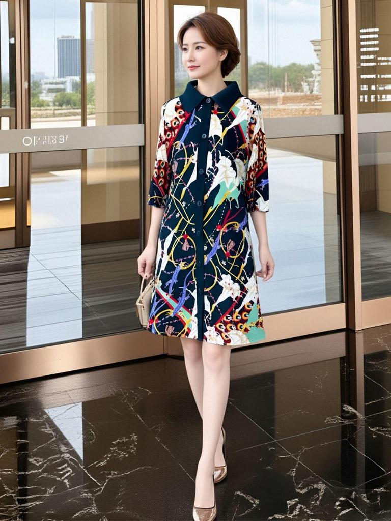 Spring 2026 Retro-Print Dress & Cardigan Set - Age-Reducing, Loose Fit, Plus Size Skirt