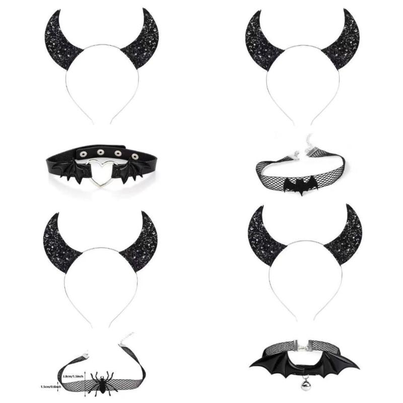 Gothic Dark Glitter Girls Choker Collar Rose Devil Wing Headband Set Gothic Bat Wing Versatile Choker