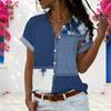 Women Plus Size Short Sleeve V Neck Shirt Faux Denim Tie Dye Patchwork Print Button Down Casual Daily Blouse