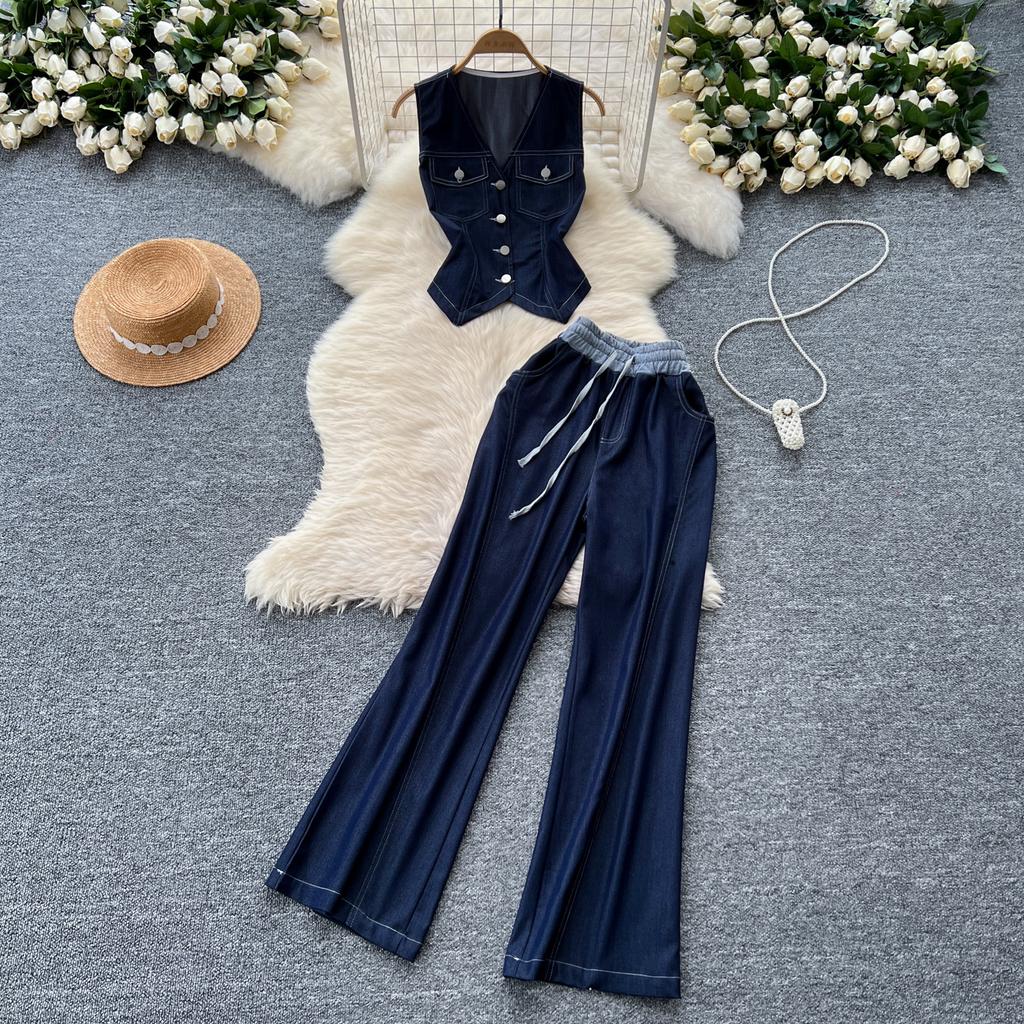 High-end Wear Women's Summer Dress Design V-neck Sleeveless Single-breasted Top Women's Two-piece Casual Wide-leg Trousers