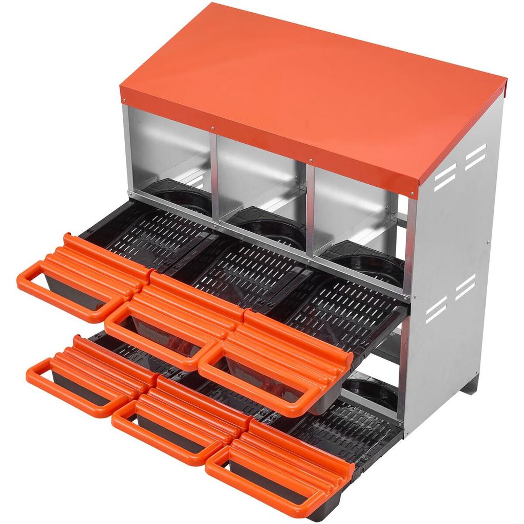 2 Tiers Chicken Nesting Boxes, 6 Compartments, Metal Egg Laying Boxes with Protective Collection Lids, Roll Out Nesting Box, Easy to Assemble, Ideal
