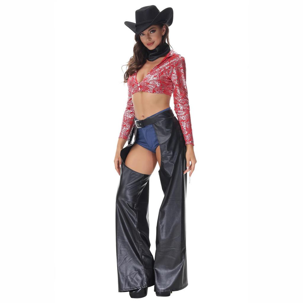 Sexy Quasten Western Denim Cosplay Kleidung für Frauen Halloween Unterhaltung Baumwollmischung Outfit