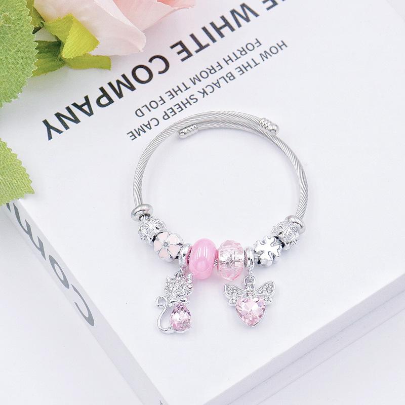 Elegant Ladies Love Bow Crystal Bead Bracelet with Diamond Fox Pendant Stainless Steel Bangle