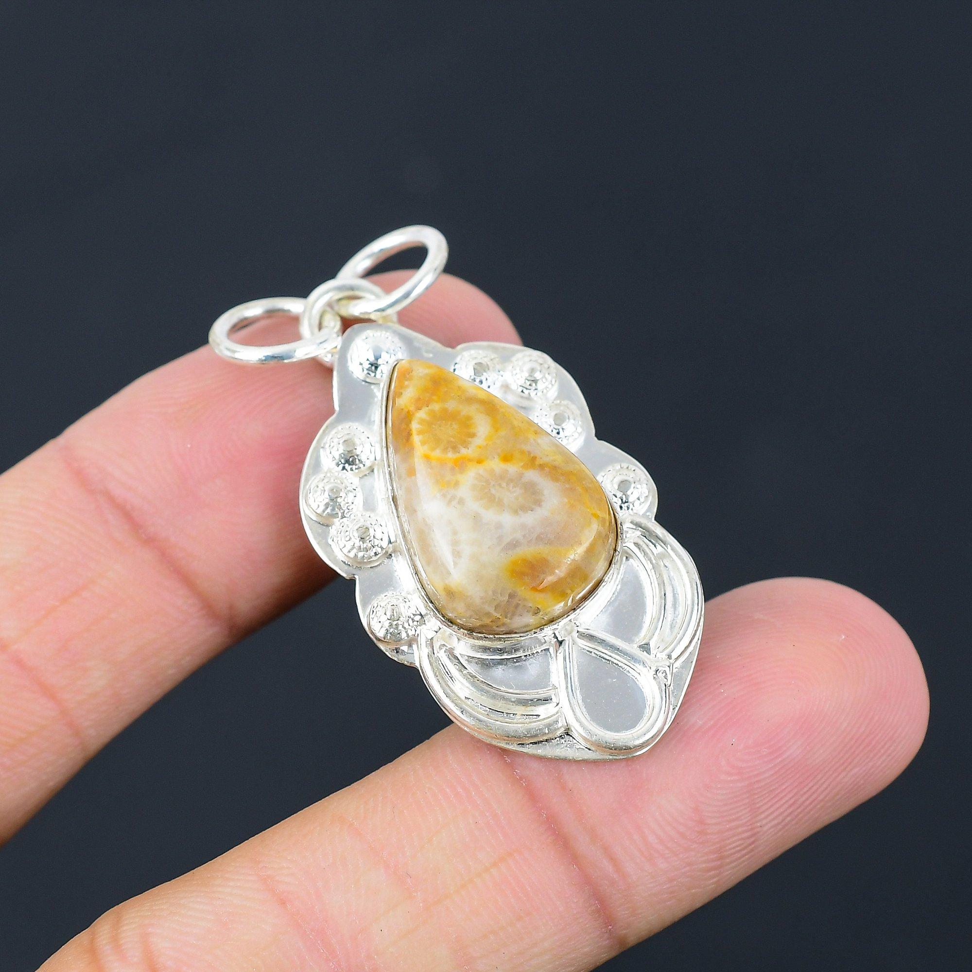 Pear Natural Fossil Coral 925 Sterling Silver Handmade Elegant Daughter Pendant